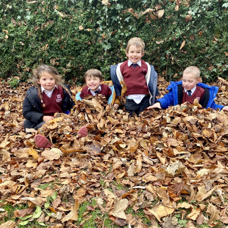group of students in a pile of leaves