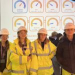 Senior students in high-visibility jackets and hard hats standing in front of a panel of industrial gauges in a presentation.