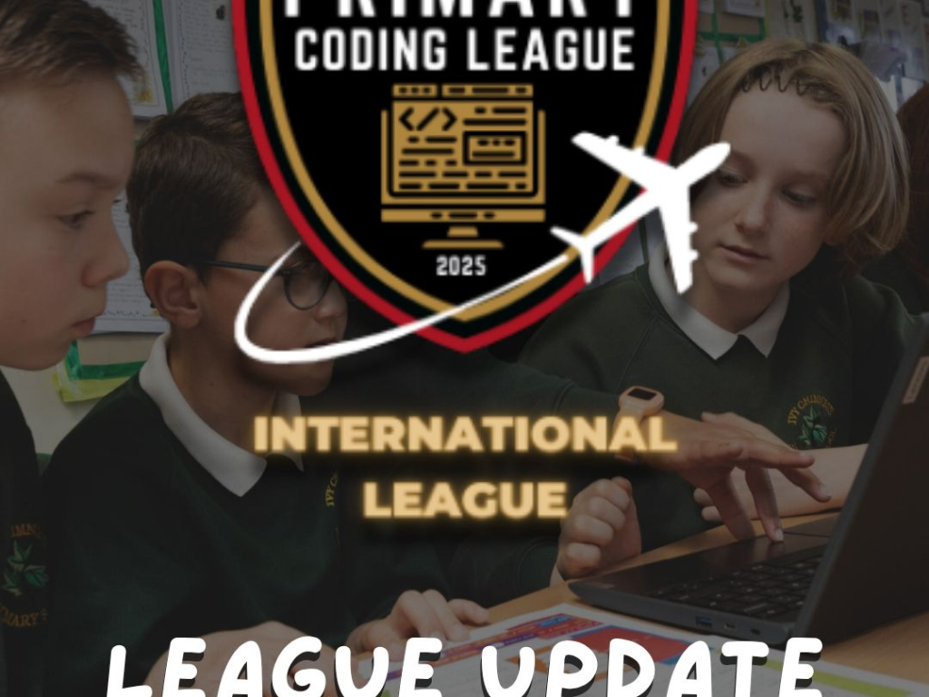 Three primary school pupils collaborating on a laptop at a classroom desk, overlaid with text reading "Primary Coding League – International League – League Update".