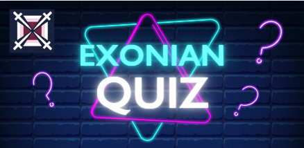 Neon sign reading EXONIAN QUIZ on a dark brick wall, with pink and blue glow and floating question marks around.