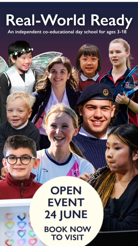 Smiling diverse group of students posed in front of a gradient poster that reads 'Real-World Ready' and 'OPEN EVENT 24 JUNE' (book now).