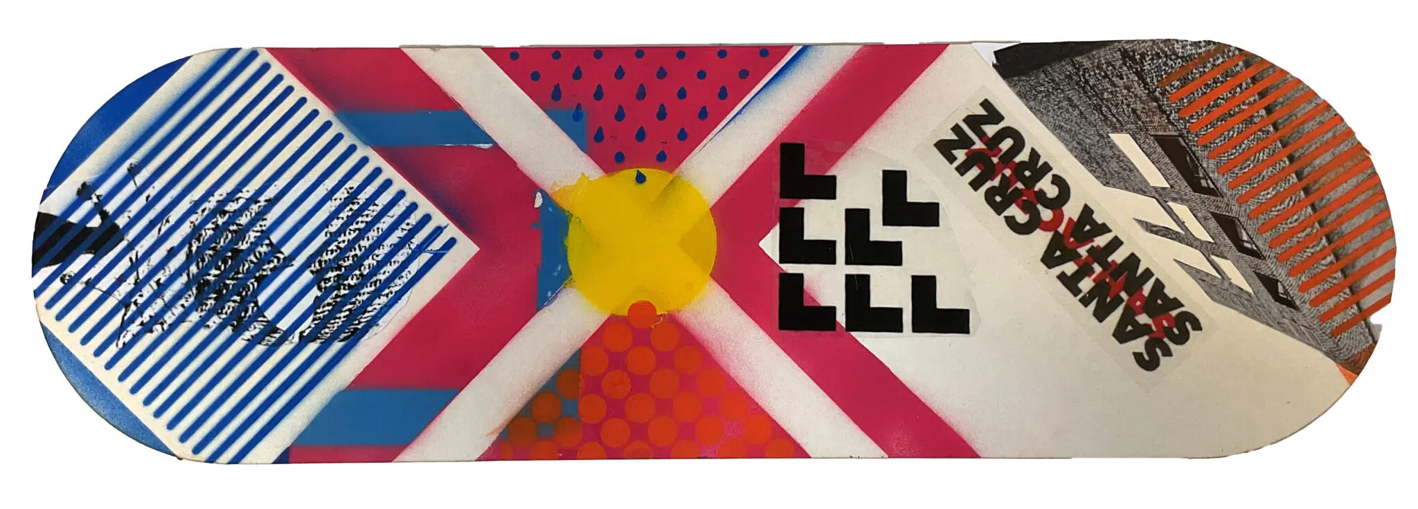 Abstract, geometric skateboard deck design featuring bold blue stripes on the left, pink and orange shapes in the center, a yellow circle at the middle, and black letter blocks on the right.