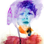 Abstract watercolor portrait of a person with purple hair and blue-toned skin, wearing an orange scarf-like accessory.