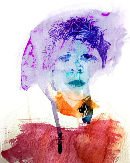Abstract watercolor portrait of a person with purple hair and blue-toned skin, wearing an orange scarf-like accessory.