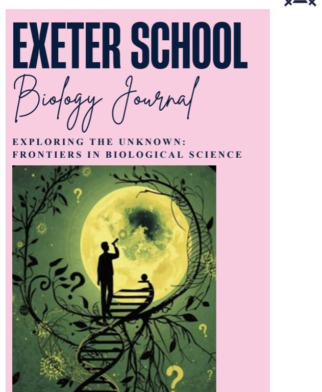 Cover of Exeter School Biology Journal, Summer 2026 edition, pink background with a DNA helix illustration.
