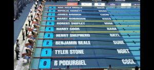 Overhead view of a swimming competition with eight lanes; lane numbers and swimmer names are displayed on each lane board (e.g., Tyler Stone in lane 1, Benjamin Beale in lane 2).