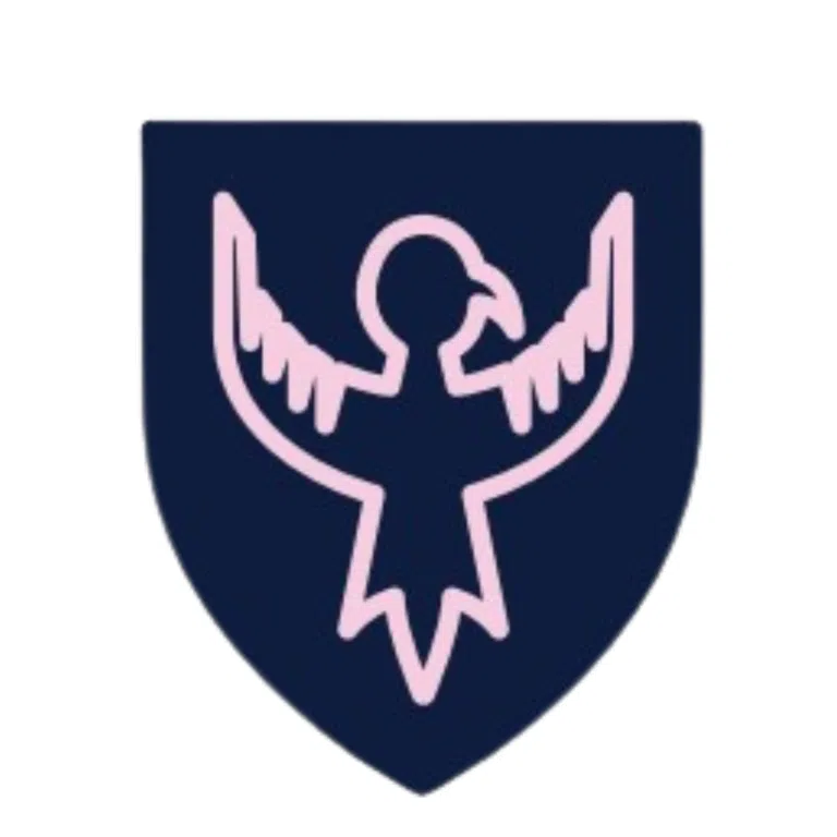 Navy shield with a light pink outline of a stylized dove with outstretched wings.