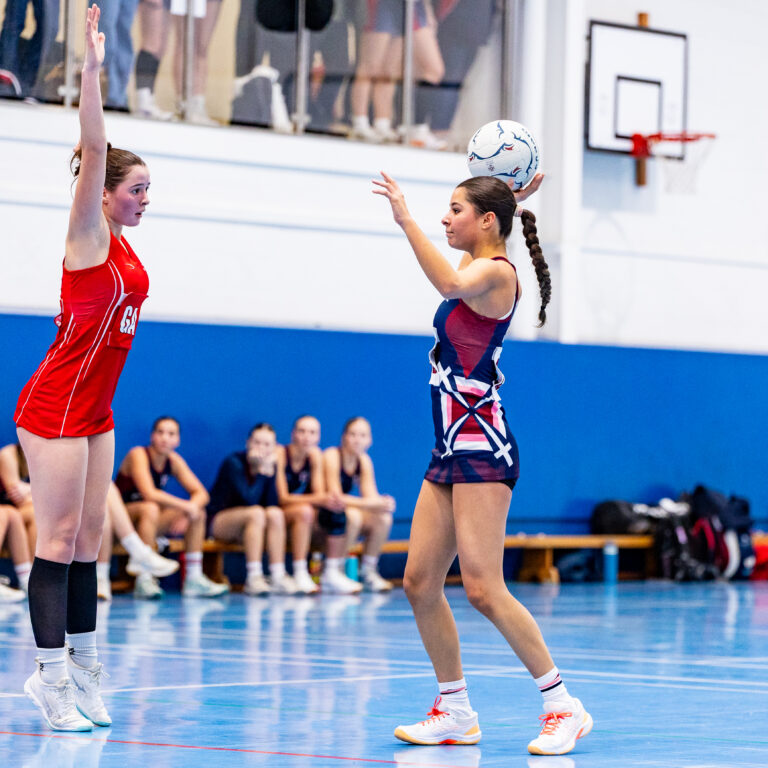 Female volleyball players in red and blue uniforms on an indoor court; one player in blue holds a ball above her head as others defend/prepare to receive.