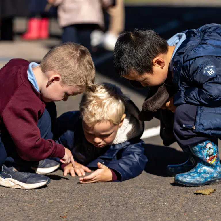 3 young boys on a playground crouching around a bug
